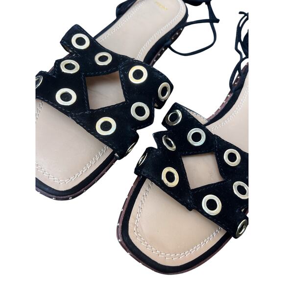Maje Black Suede Lace Up Flat Sandals Size 40 Grommet Eyelet Detail Boho Resort - Picture 5 of 10